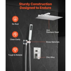 VEVOR Shower Faucet Set, Rainfall Bathroom Shower System with 10-Inch Square Rain Shower Head and Handheld Spray, Ceiling Mount Bath Fixtures with Brass Valve and Trim Kit, Matte Black
