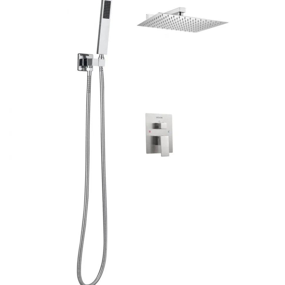 VEVOR Shower Faucet Set, Rainfall Bathroom Shower System with 10-Inch Square Rain Shower Head and Handheld Spray, Ceiling Mount Bath Fixtures with Brass Valve and Trim Kit, Matte Black