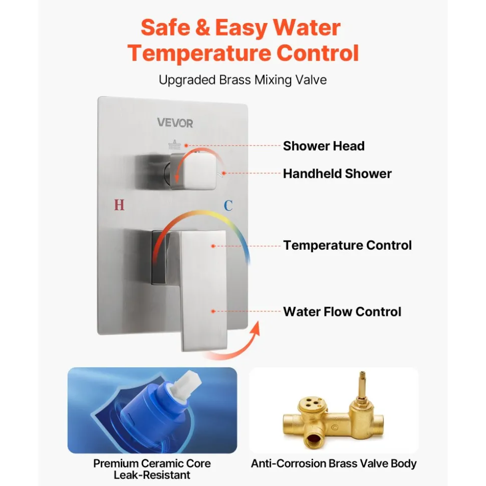VEVOR Shower Faucet Set, Rainfall Bathroom Shower System with 10-Inch Square Rain Shower Head and Handheld Spray, Ceiling Mount Bath Fixtures with Brass Valve and Trim Kit, Matte Black