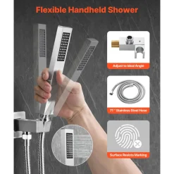 VEVOR Shower Faucet Set, Rainfall Bathroom Shower System with 10-Inch Square Rain Shower Head and Handheld Spray, Ceiling Mount Bath Fixtures with Brass Valve and Trim Kit, Matte Black