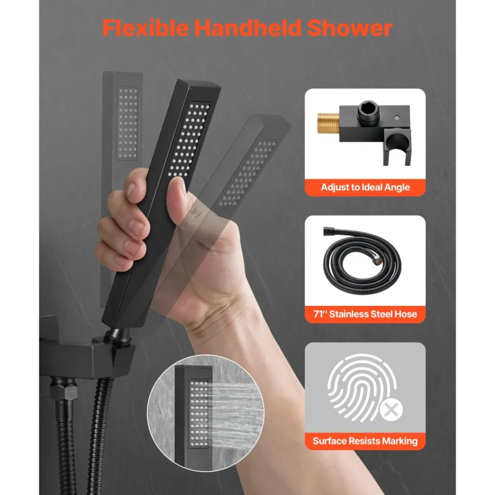VEVOR Shower Faucet Set, Rainfall Bathroom Shower System with 12-Inch Square Rain Shower Head and Handheld Spray, Wall Mounted Bath Fixtures with Brass Valve and Trim Kit, Matte Black