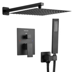 VEVOR Shower Faucet Set, Rainfall Bathroom Shower System with 12-Inch Square Rain Shower Head and Handheld Spray, Wall Mounted Bath Fixtures with Brass Valve and Trim Kit, Matte Black
