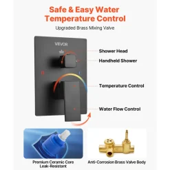 VEVOR Shower Faucet Set, Rainfall Bathroom Shower System with 12-Inch Square Rain Shower Head and Handheld Spray, Wall Mounted Bath Fixtures with Brass Valve and Trim Kit, Matte Black