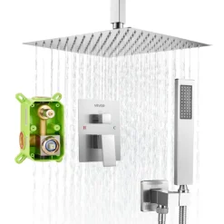 VEVOR Shower Faucet Set, Rainfall Bathroom Shower System with 12-Inch Square Rain Shower Head and Handheld Spray, Ceiling Mount Bath Fixtures with Brass Valve and Trim Kit, Brushed Nickel