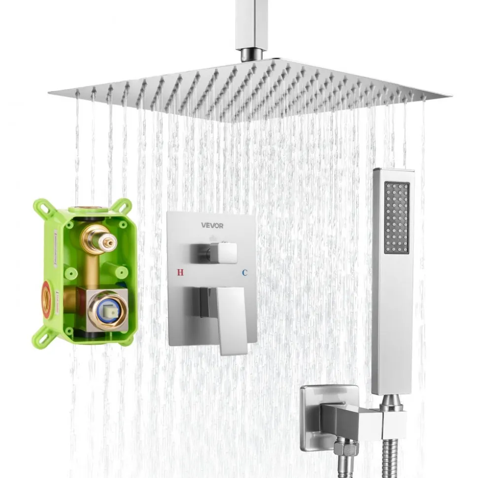 VEVOR Shower Faucet Set, Rainfall Bathroom Shower System with 12-Inch Square Rain Shower Head and Handheld Spray, Ceiling Mount Bath Fixtures with Brass Valve and Trim Kit, Brushed Nickel