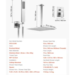 VEVOR Shower Faucet Set, Rainfall Bathroom Shower System with 12-Inch Square Rain Shower Head and Handheld Spray, Ceiling Mount Bath Fixtures with Brass Valve and Trim Kit, Brushed Nickel
