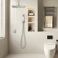 VEVOR Shower Faucet Set, Rainfall Bathroom Shower System with 12-Inch Square Rain Shower Head and Handheld Spray, Ceiling Mount Bath Fixtures with Brass Valve and Trim Kit, Brushed Nickel