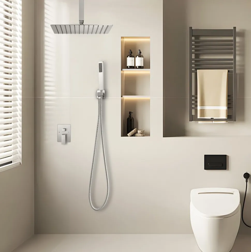 VEVOR Shower Faucet Set, Rainfall Bathroom Shower System with 12-Inch Square Rain Shower Head and Handheld Spray, Ceiling Mount Bath Fixtures with Brass Valve and Trim Kit, Brushed Nickel