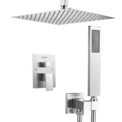VEVOR Shower Faucet Set, Rainfall Bathroom Shower System with 12-Inch Square Rain Shower Head and Handheld Spray, Ceiling Mount Bath Fixtures with Brass Valve and Trim Kit, Brushed Nickel