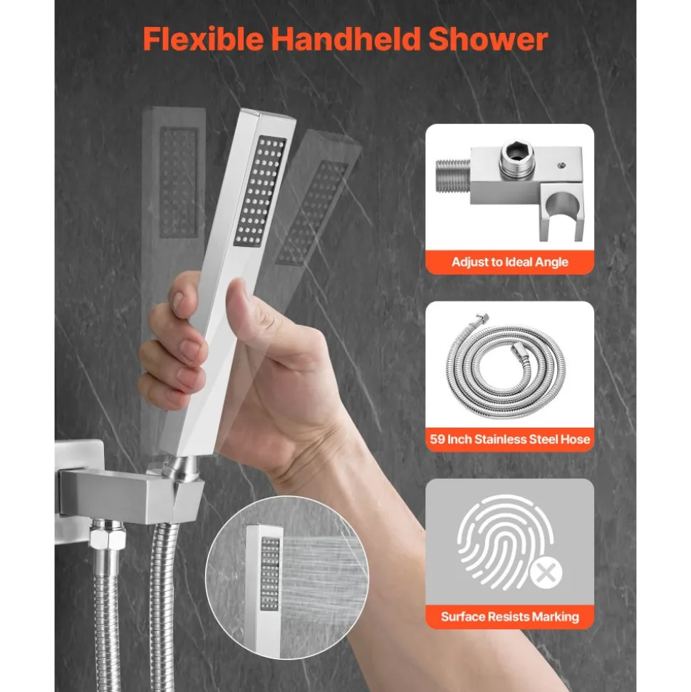 VEVOR Shower Faucet Set, Rainfall Bathroom Shower System with 12-Inch Square Rain Shower Head and Handheld Spray, Ceiling Mount Bath Fixtures with Brass Valve and Trim Kit, Brushed Nickel
