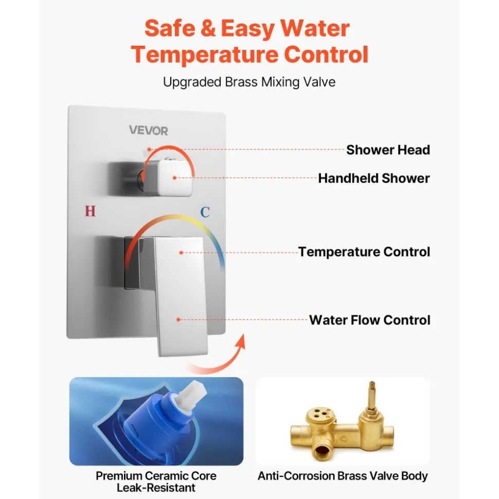 VEVOR Shower Faucet Set, Rainfall Bathroom Shower System with 12-Inch Square Rain Shower Head and Handheld Spray, Ceiling Mount Bath Fixtures with Brass Valve and Trim Kit, Brushed Nickel