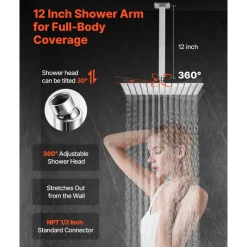 VEVOR Shower Faucet Set, Rainfall Bathroom Shower System with 12-Inch Square Rain Shower Head and Handheld Spray, Ceiling Mount Bath Fixtures with Brass Valve and Trim Kit, Brushed Nickel