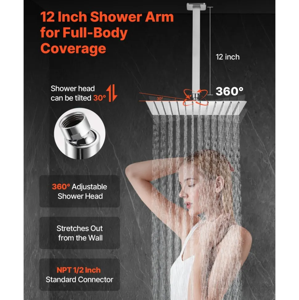 VEVOR Shower Faucet Set, Rainfall Bathroom Shower System with 12-Inch Square Rain Shower Head and Handheld Spray, Ceiling Mount Bath Fixtures with Brass Valve and Trim Kit, Brushed Nickel