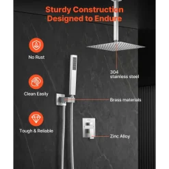 VEVOR Shower Faucet Set, Rainfall Bathroom Shower System with 12-Inch Square Rain Shower Head and Handheld Spray, Ceiling Mount Bath Fixtures with Brass Valve and Trim Kit, Brushed Nickel