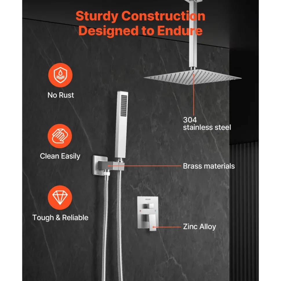 VEVOR Shower Faucet Set, Rainfall Bathroom Shower System with 12-Inch Square Rain Shower Head and Handheld Spray, Ceiling Mount Bath Fixtures with Brass Valve and Trim Kit, Brushed Nickel