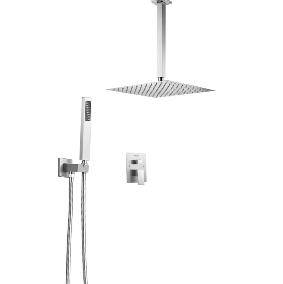 VEVOR Shower Faucet Set, Rainfall Bathroom Shower System with 12-Inch Square Rain Shower Head and Handheld Spray, Ceiling Mount Bath Fixtures with Brass Valve and Trim Kit, Brushed Nickel