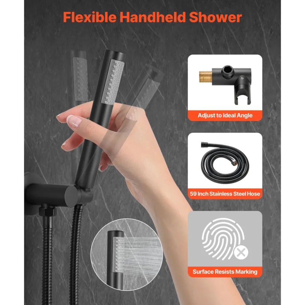 VEVOR Shower Faucet Set, Rainfall Bathroom Shower System with 10-Inch Round Rain Shower Head and Handheld Spray, Wall Mounted Bath Fixtures with Brass Valve and Trim Kit, Matte Black