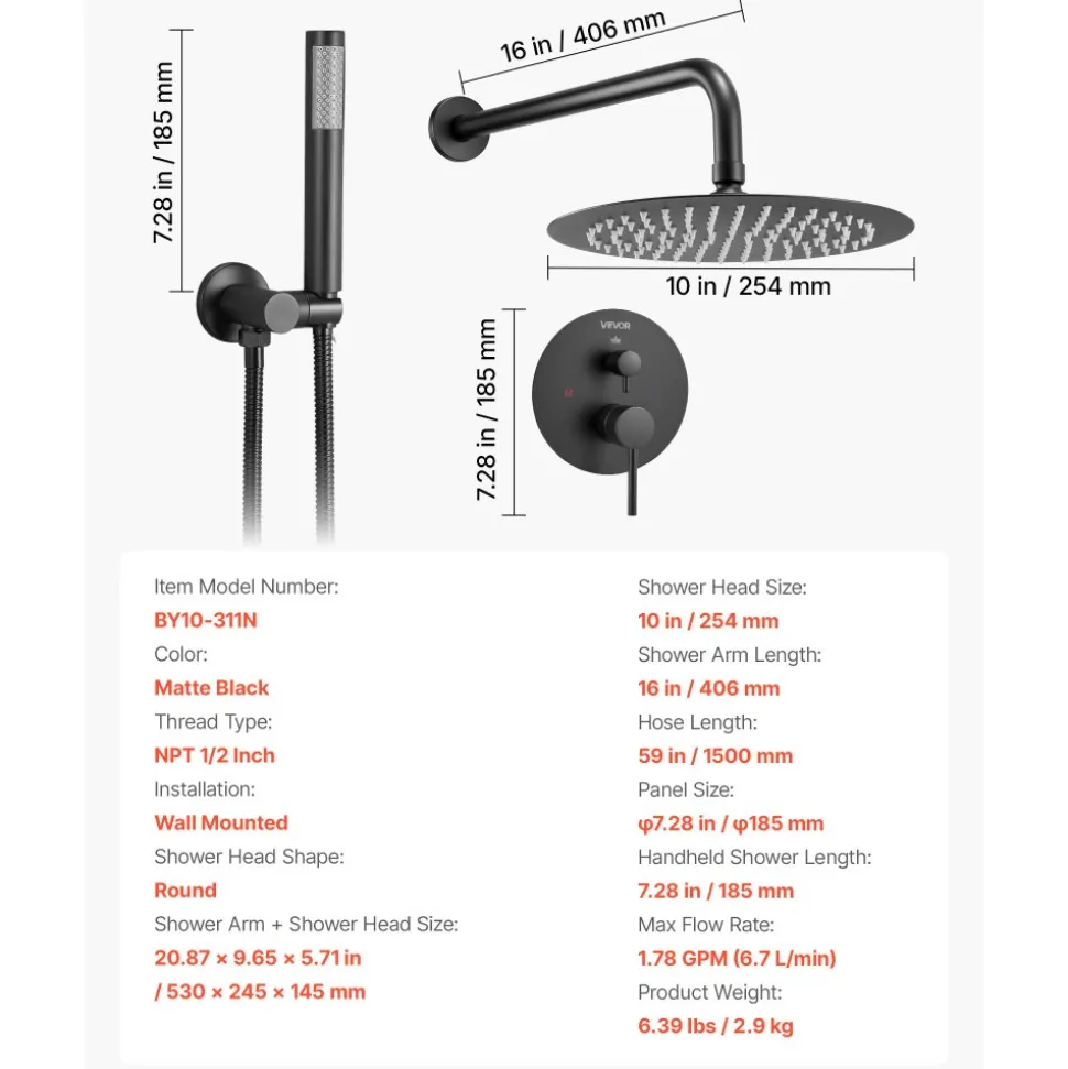 VEVOR Shower Faucet Set, Rainfall Bathroom Shower System with 10-Inch Round Rain Shower Head and Handheld Spray, Wall Mounted Bath Fixtures with Brass Valve and Trim Kit, Matte Black