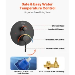 VEVOR Shower Faucet Set, Rainfall Bathroom Shower System with 10-Inch Round Rain Shower Head and Handheld Spray, Wall Mounted Bath Fixtures with Brass Valve and Trim Kit, Matte Black