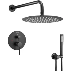 VEVOR Shower Faucet Set, Rainfall Bathroom Shower System with 10-Inch Round Rain Shower Head and Handheld Spray, Wall Mounted Bath Fixtures with Brass Valve and Trim Kit, Matte Black