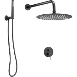 VEVOR Shower Faucet Set, Rainfall Bathroom Shower System with 10-Inch Round Rain Shower Head and Handheld Spray, Wall Mounted Bath Fixtures with Brass Valve and Trim Kit, Matte Black