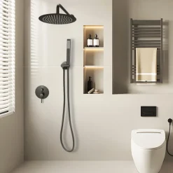 VEVOR Shower Faucet Set, Rainfall Bathroom Shower System with 10-Inch Round Rain Shower Head and Handheld Spray, Wall Mounted Bath Fixtures with Brass Valve and Trim Kit, Matte Black