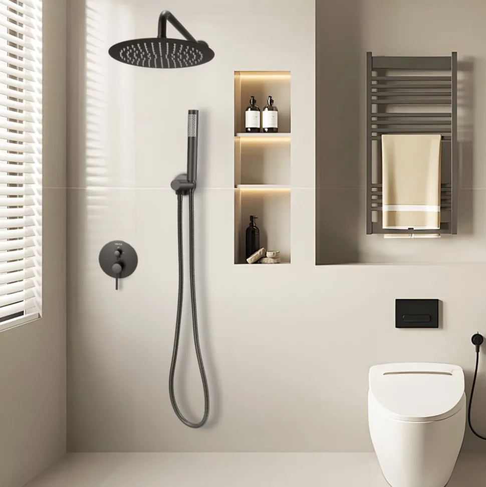 VEVOR Shower Faucet Set, Rainfall Bathroom Shower System with 10-Inch Round Rain Shower Head and Handheld Spray, Wall Mounted Bath Fixtures with Brass Valve and Trim Kit, Matte Black