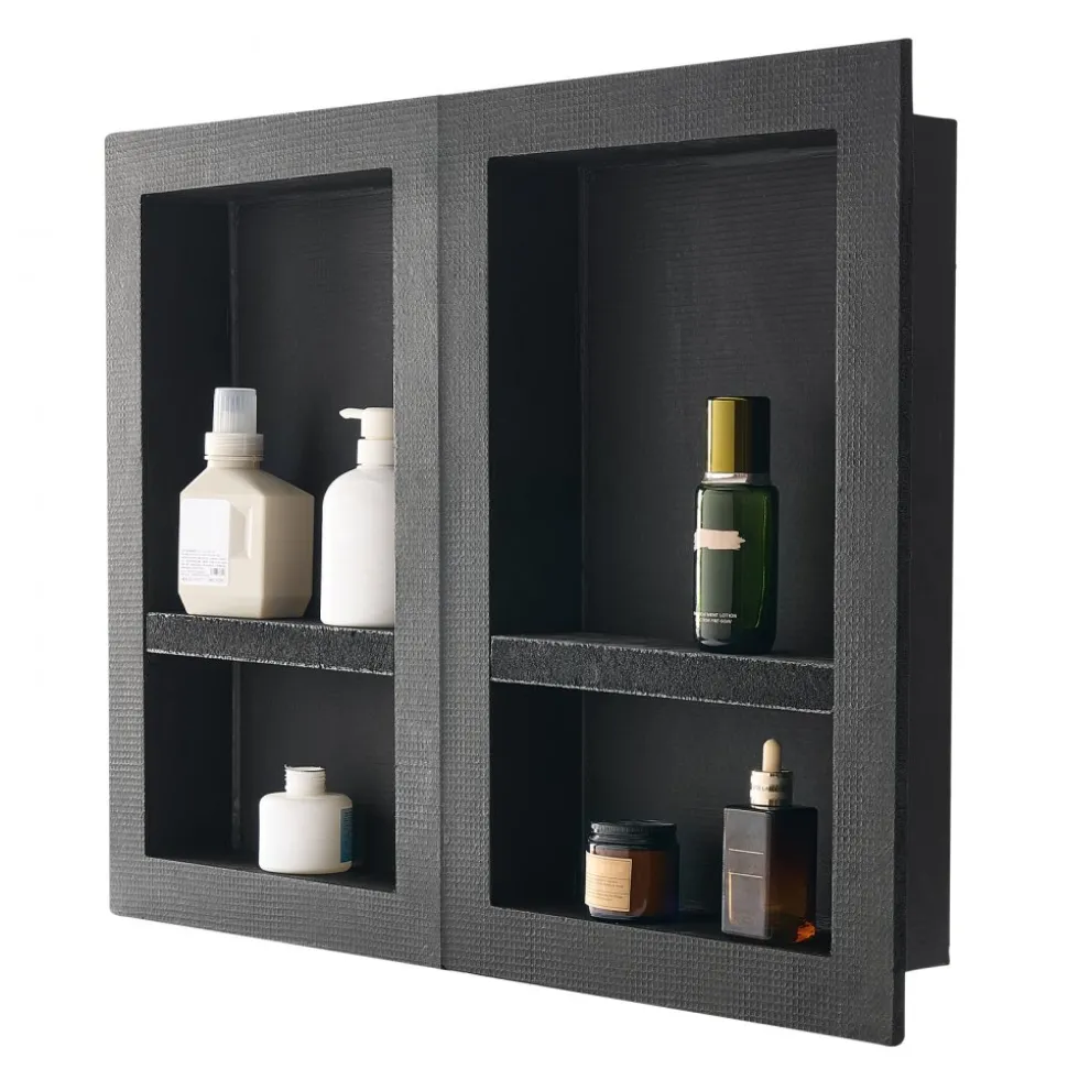 VEVOR Shower Niche, 16 x 32 inch + 16 x 32 inch Recessed Wall Niche with Movable Shelf, 4 inch Thick Modern Soap&Shampoo Storage Organizer,Square Corners,Sealed Waterproof,Black for Bathroom Shower