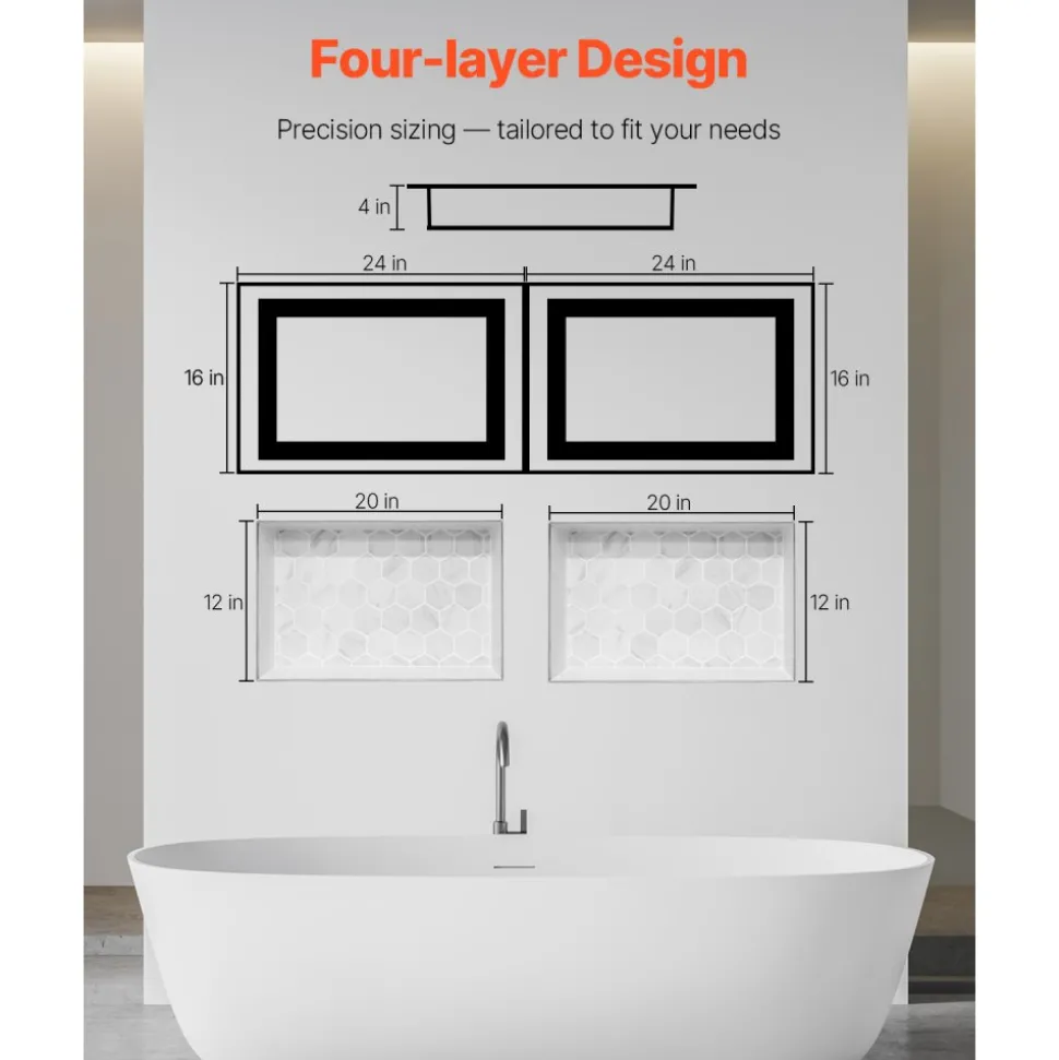 VEVOR Shower Niche, 16 x 32 inch + 16 x 32 inch Recessed Wall Niche with Movable Shelf, 4 inch Thick Modern Soap&Shampoo Storage Organizer,Square Corners,Sealed Waterproof,Black for Bathroom Shower