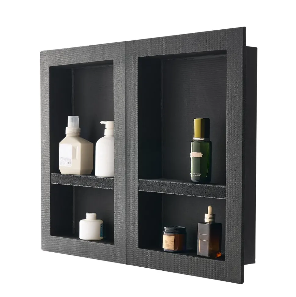 VEVOR Shower Niche, 16 x 32 inch + 16 x 32 inch Recessed Wall Niche with Movable Shelf, 4 inch Thick Modern Soap&Shampoo Storage Organizer,Square Corners,Sealed Waterproof,Black for Bathroom Shower