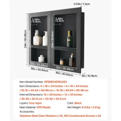 VEVOR Shower Niche, 16 x 32 inch + 16 x 32 inch Recessed Wall Niche with Movable Shelf, 4 inch Thick Modern Soap&Shampoo Storage Organizer,Square Corners,Sealed Waterproof,Black for Bathroom Shower
