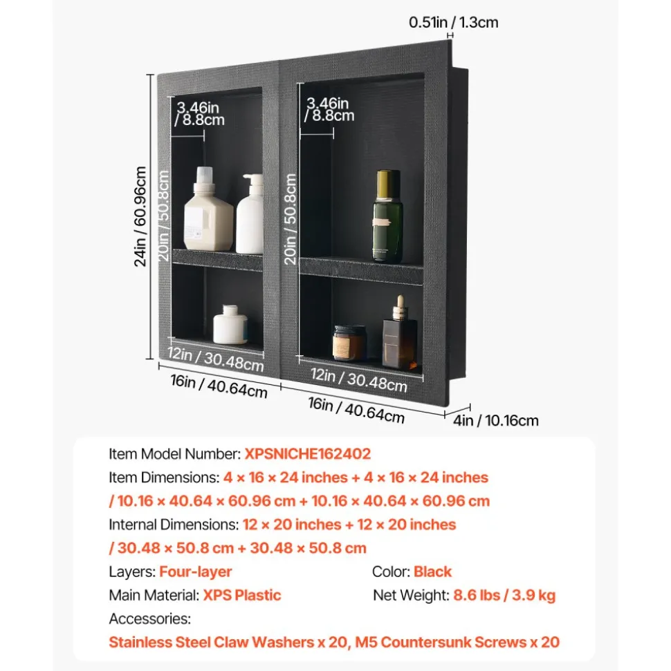 VEVOR Shower Niche, 16 x 32 inch + 16 x 32 inch Recessed Wall Niche with Movable Shelf, 4 inch Thick Modern Soap&Shampoo Storage Organizer,Square Corners,Sealed Waterproof,Black for Bathroom Shower