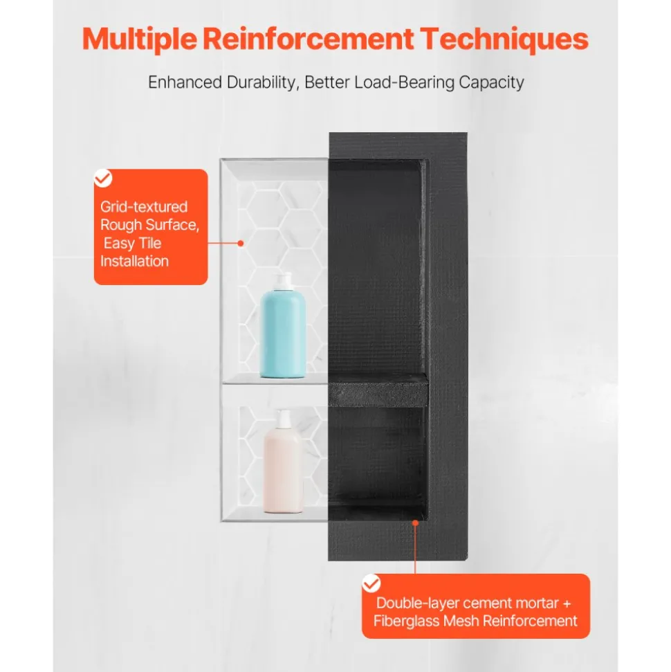 VEVOR Shower Niche, 16 x 32 inch + 16 x 32 inch Recessed Wall Niche with Movable Shelf, 4 inch Thick Modern Soap&Shampoo Storage Organizer,Square Corners,Sealed Waterproof,Black for Bathroom Shower