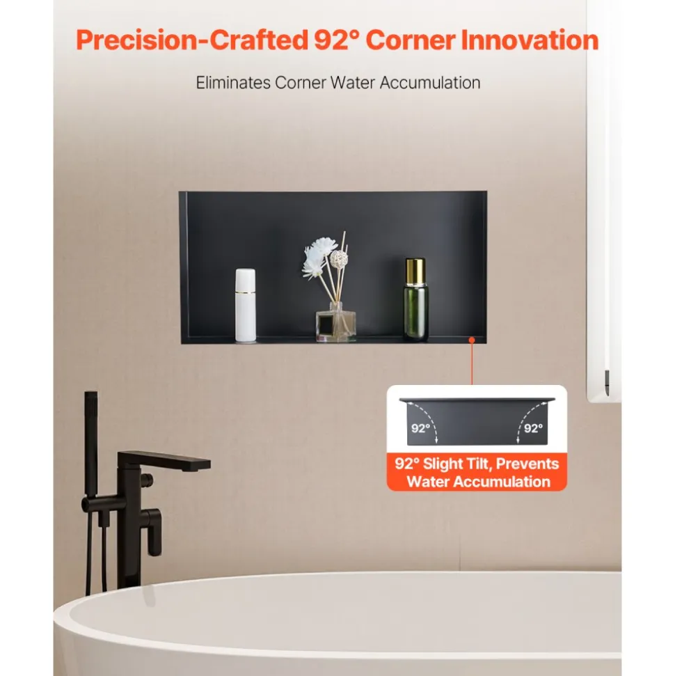VEVOR Shower Niche, 13 x 25 x 4 inch Frameless Recessed Wall Niche, Heavy-duty Stainless Steel Modern Shampoo Storage Organizer, Sealed Waterproof, Durable & Easy to Install, Black for Bathroom