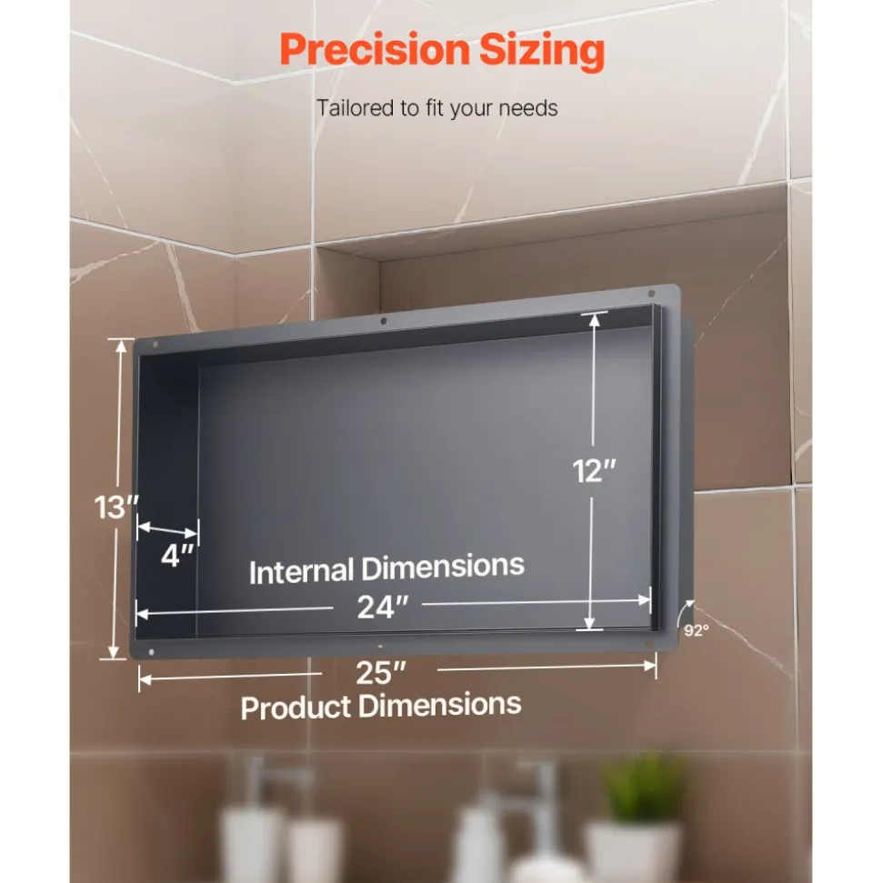 VEVOR Shower Niche, 13 x 25 x 4 inch Frameless Recessed Wall Niche, Heavy-duty Stainless Steel Modern Shampoo Storage Organizer, Sealed Waterproof, Durable & Easy to Install, Black for Bathroom