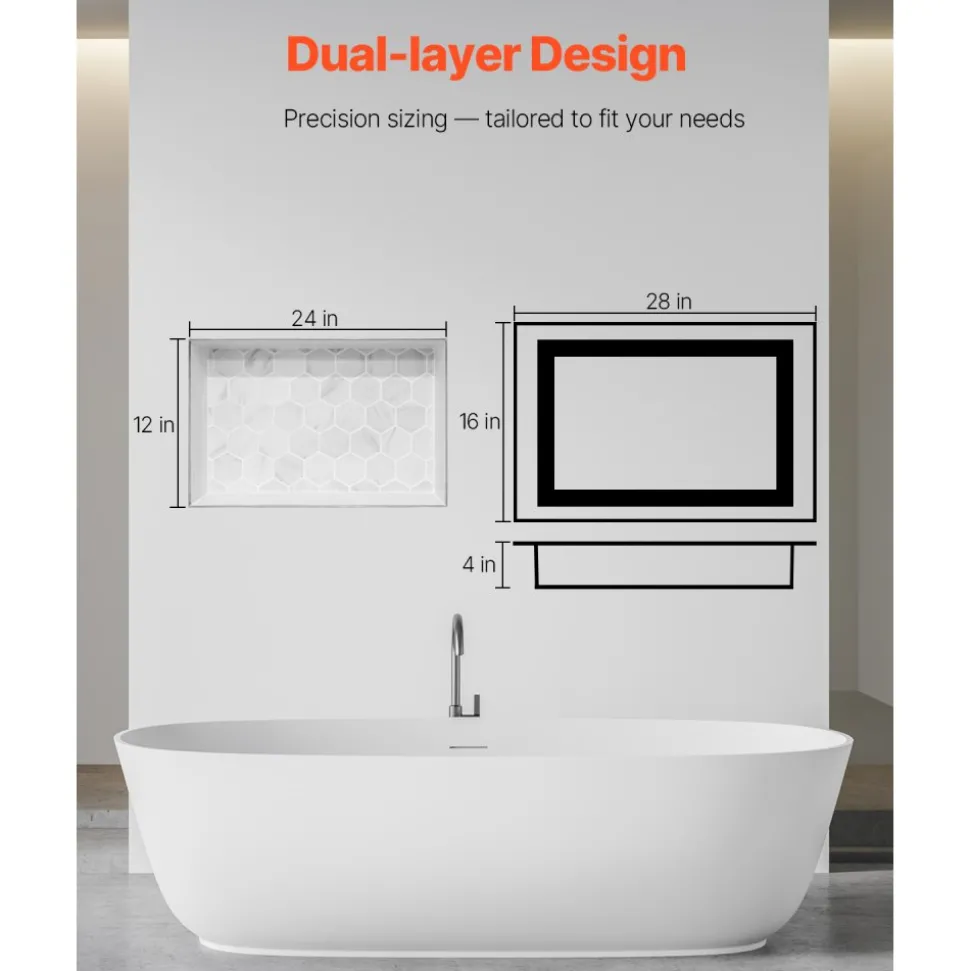 VEVOR Shower Niche, 16 x 28 x 4 inch Recessed Wall Niche with Movable Divider Shelf, Modern Soap & Shampoo Storage Organizer, Square Corners, Sealed Waterproof Design, Black for Bathroom Shower