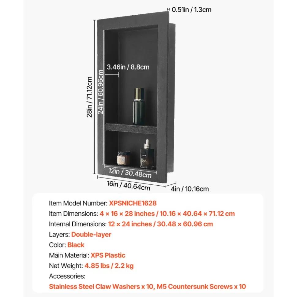 VEVOR Shower Niche, 16 x 28 x 4 inch Recessed Wall Niche with Movable Divider Shelf, Modern Soap & Shampoo Storage Organizer, Square Corners, Sealed Waterproof Design, Black for Bathroom Shower