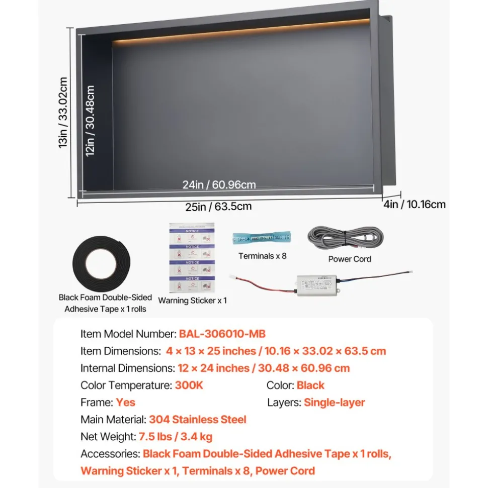 VEVOR Shower Niche, 13 x 25 x 4 inch Recessed Wall Niche With LED Strip,Heavy-duty Stainless Steel Modern Shampoo Storage Organizer,Sealed Waterproof, Durable & Easy to Install,Black for Bathroom