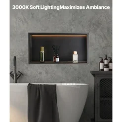 VEVOR Shower Niche, 13 x 25 x 4 inch Recessed Wall Niche With LED Strip,Heavy-duty Stainless Steel Modern Shampoo Storage Organizer,Sealed Waterproof, Durable & Easy to Install,Black for Bathroom
