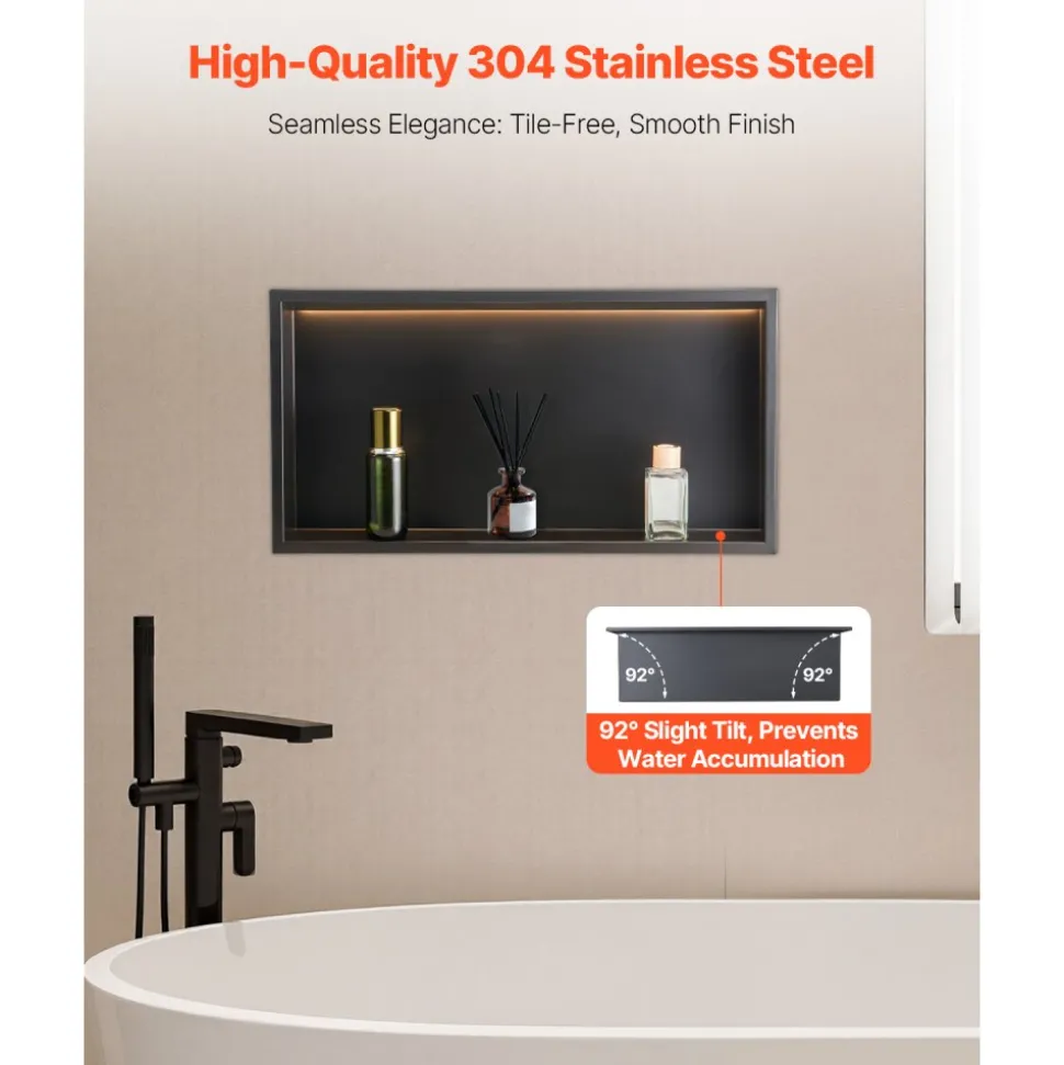 VEVOR Shower Niche, 13 x 25 x 4 inch Recessed Wall Niche With LED Strip,Heavy-duty Stainless Steel Modern Shampoo Storage Organizer,Sealed Waterproof, Durable & Easy to Install,Black for Bathroom