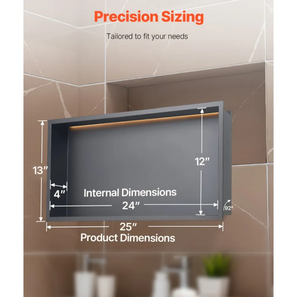 VEVOR Shower Niche, 13 x 25 x 4 inch Recessed Wall Niche With LED Strip,Heavy-duty Stainless Steel Modern Shampoo Storage Organizer,Sealed Waterproof, Durable & Easy to Install,Black for Bathroom