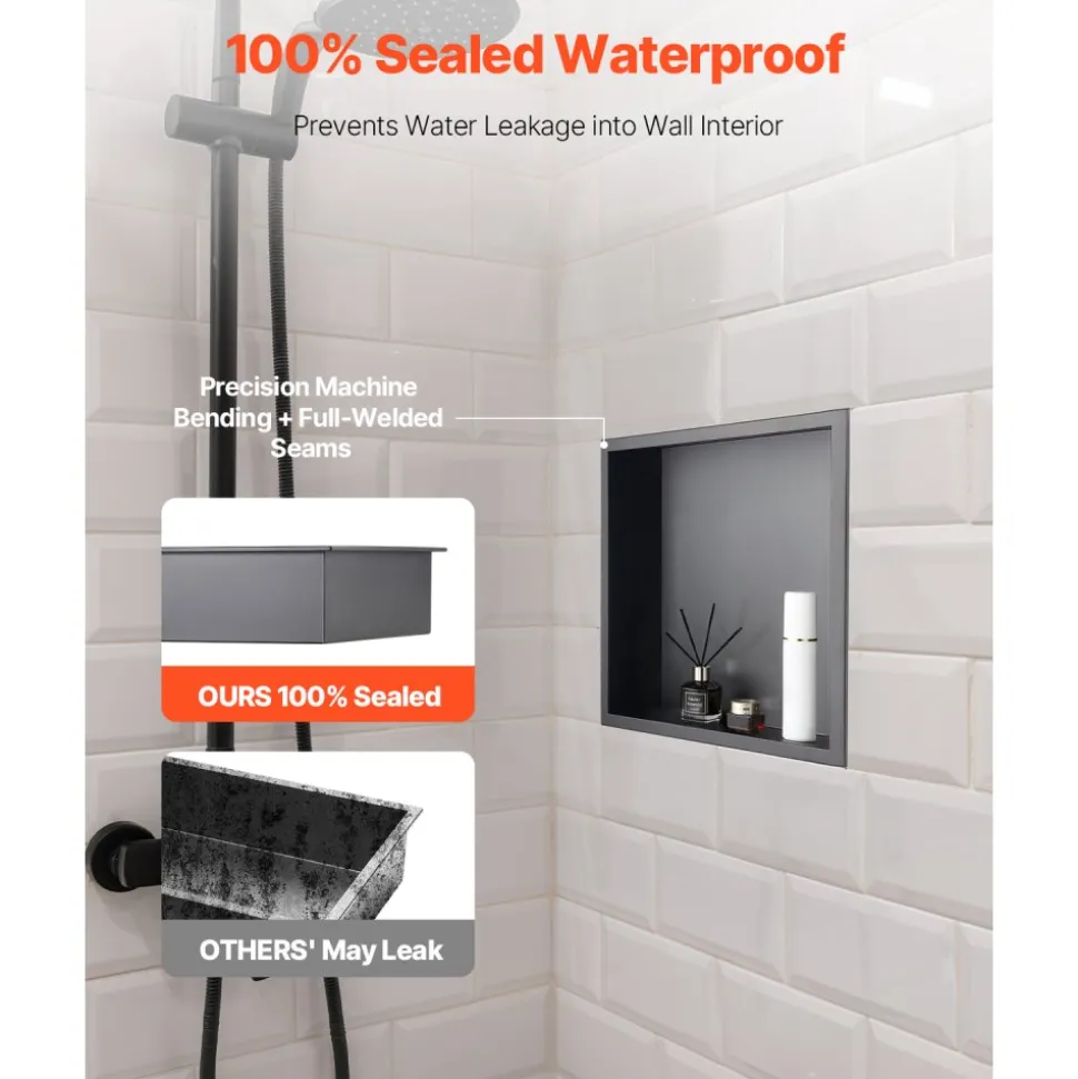 VEVOR Shower Niche, 16 x 20 x 4 inch Recessed Wall Niche with Movable Divider Shelf, Modern Soap & Shampoo Storage Organizer, Square Corners, Sealed Waterproof Design, Black for Bathroom Shower