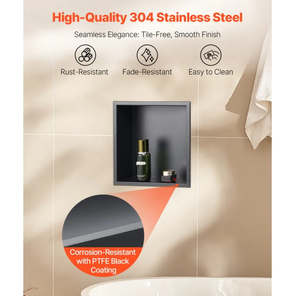 VEVOR Shower Niche, 16 x 20 x 4 inch Recessed Wall Niche with Movable Divider Shelf, Modern Soap & Shampoo Storage Organizer, Square Corners, Sealed Waterproof Design, Black for Bathroom Shower