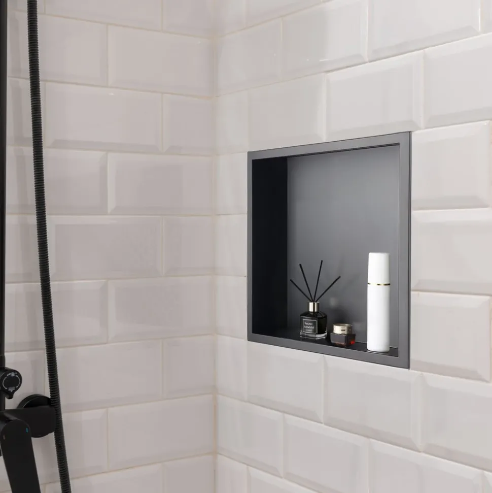 VEVOR Shower Niche, 16 x 20 x 4 inch Recessed Wall Niche with Movable Divider Shelf, Modern Soap & Shampoo Storage Organizer, Square Corners, Sealed Waterproof Design, Black for Bathroom Shower