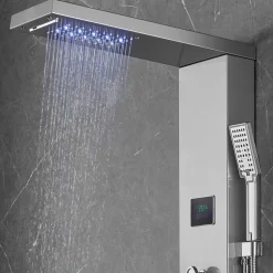 VEVOR Shower Panel System, 6 Shower Modes, LED & Screen Hydroelectricity Shower Panel Tower, Rainfall, Waterfall, 8 Massage Jets, Tub Spout, Handheld Shower, Stainless Steel Wall-Mounted Shower Set