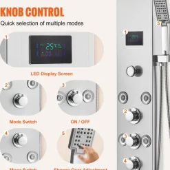 VEVOR Shower Panel System, 6 Shower Modes, LED & Screen Hydroelectricity Shower Panel Tower, Rainfall, Waterfall, 8 Massage Jets, Tub Spout, Handheld Shower, Stainless Steel Wall-Mounted Shower Set