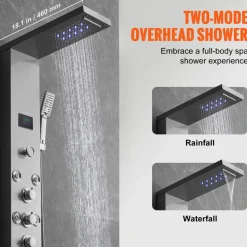 VEVOR Shower Panel System, 6 Shower Modes, LED & Screen Hydroelectricity Shower Panel Tower, Rainfall, Waterfall, 8 Massage Jets, Tub Spout, Handheld Shower, Stainless Steel Wall-Mounted Shower Set
