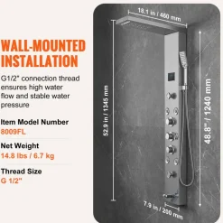 VEVOR Shower Panel System, 6 Shower Modes, LED & Screen Hydroelectricity Shower Panel Tower, Rainfall, Waterfall, 8 Massage Jets, Tub Spout, Handheld Shower, Stainless Steel Wall-Mounted Shower Set