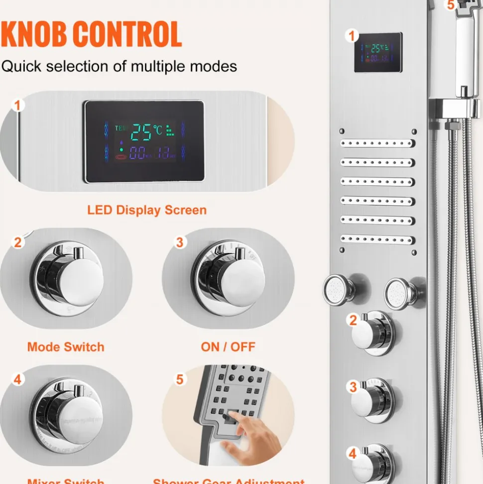 VEVOR Shower Panel System, 6 Shower Modes, LED & Screen Hydroelectricity Shower Panel Tower, Rainfall, Waterfall, 5 Massage Jets, Tub Spout, Handheld Shower, Stainless Steel Wall-Mounted Shower Set