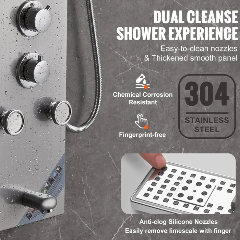 VEVOR Shower Panel System, 6 Shower Modes, LED & Screen Hydroelectricity Shower Panel Tower, Rainfall, Waterfall, 5 Massage Jets, Tub Spout, Handheld Shower, Stainless Steel Wall-Mounted Shower Set